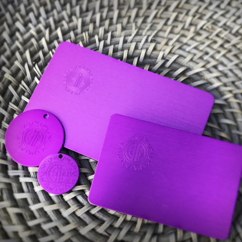 Collage of purple energy plates on gray bamboo