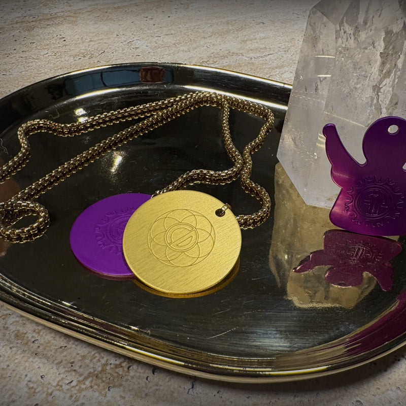 Auric Illumination Disc. Gold necklace with circular pendant on a metallic tray, with purple accents.